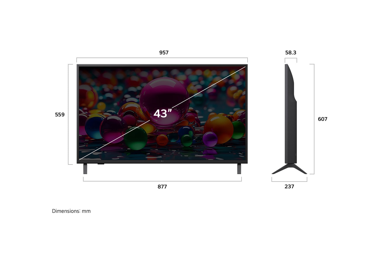 Front view and side view of LG UHD AI UA79 4K Smart TV showing its length, width, height, and depth dimensions.