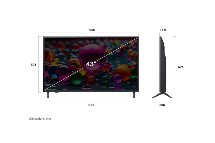 Front view and side view of LG UHD AI  UA79 4K Smart TV showing its length, width, height, and depth dimensions.