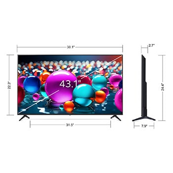 Front view and side view of LG UHD AI  UA75 4K Smart TV showing its length, width, height, and depth dimensions.