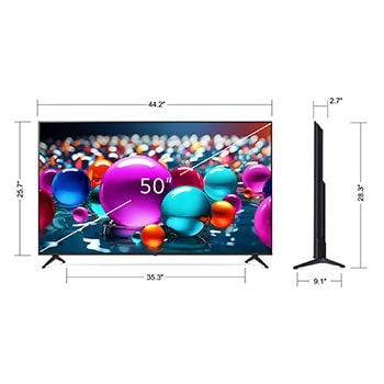 Front view and side view of LG UHD AI  UA75 4K Smart TV showing its length, width, height, and depth dimensions.