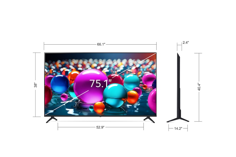 Front view and side view of LG UHD AI UA75 4K Smart TV showing its length, width, height, and depth dimensions.