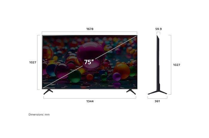 Front view and side view of LG UHD AI  UA79 4K Smart TV showing its length, width, height, and depth dimensions.