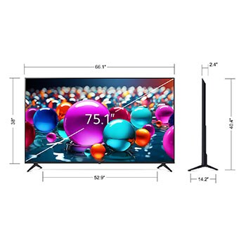 Front view and side view of LG UHD AI  UA75 4K Smart TV showing its length, width, height, and depth dimensions.