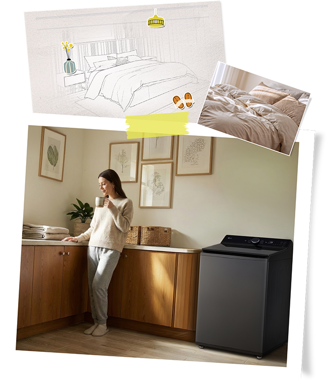 A woman refreshing bedding using an LG washer-dryer as part of a calm weekend routine.