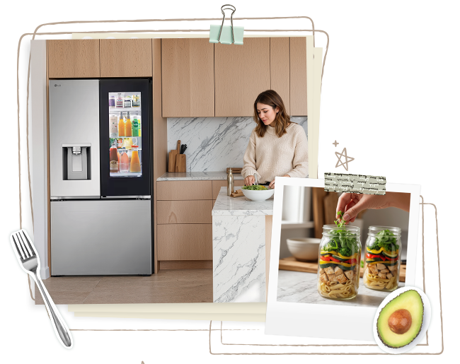 A Polaroid-style image of a person organizing groceries into a fridge in a wood-toned kitchen, with meal prep containers and fridge stickers	
