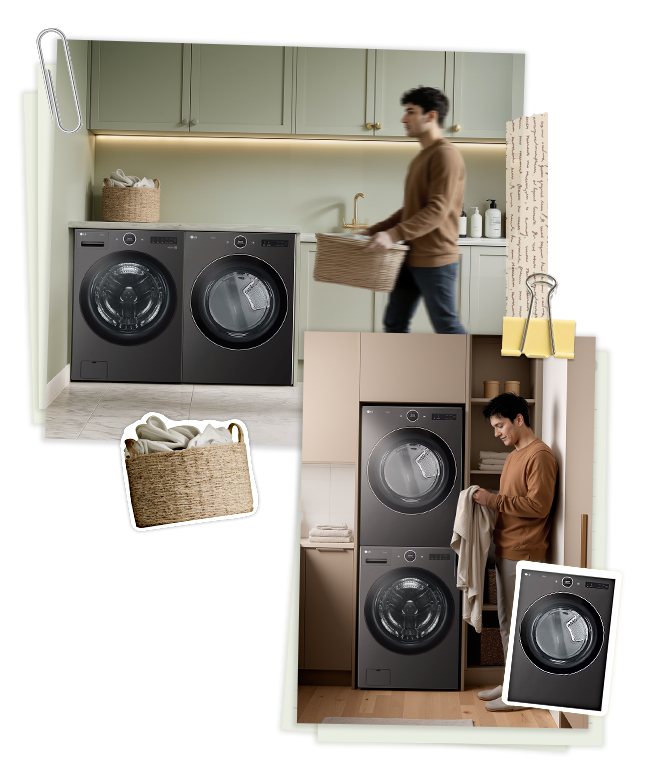 A collage-style image of a man preparing laundry in a small space, with washing machines and dryers installed both vertically and side by side	