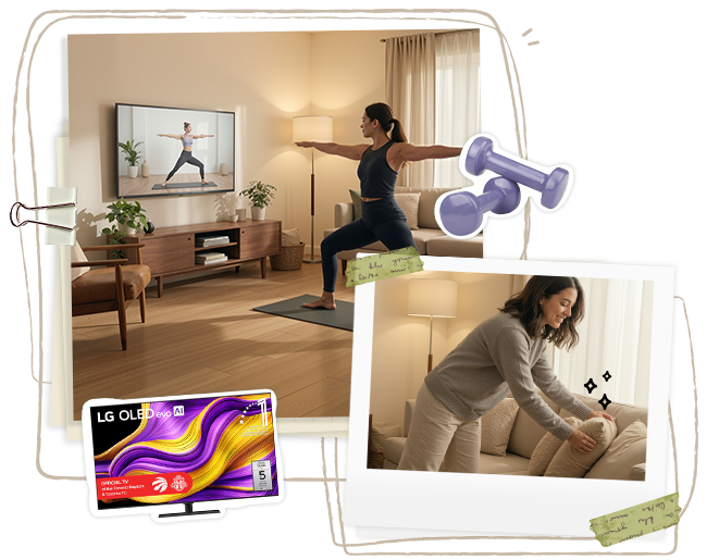 A collage-style image showing a woman exercising on a yoga mat, a TV displaying a workout video, and fitness equipment stickers	
