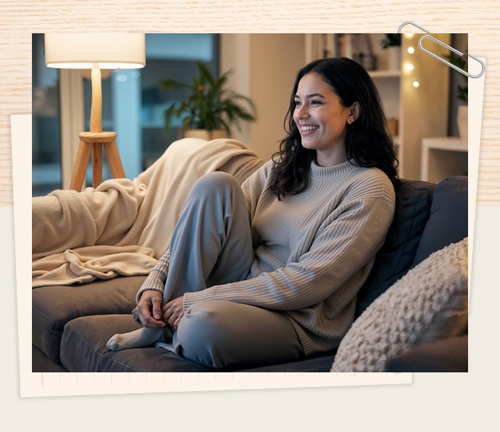 A woman sitting on a sofa in a cosy evening setting, smiling brightly while watching TV beside soft ambient lighting
