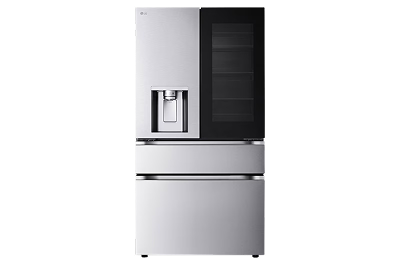 Black smart refrigerator with a touchscreen display.
