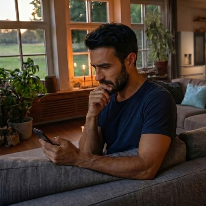 Man sitting on a sofa and looking at a smartphone.