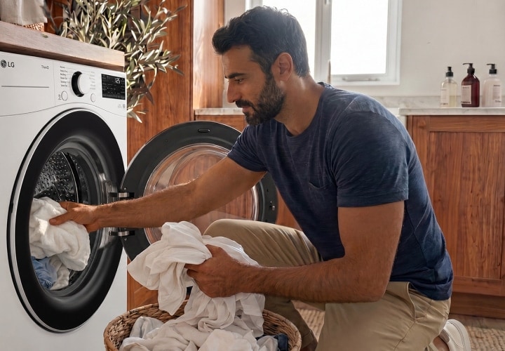 A man loads white laundry into a front-load dryer while kneeling beside it in a warm, sunlit laundry room.