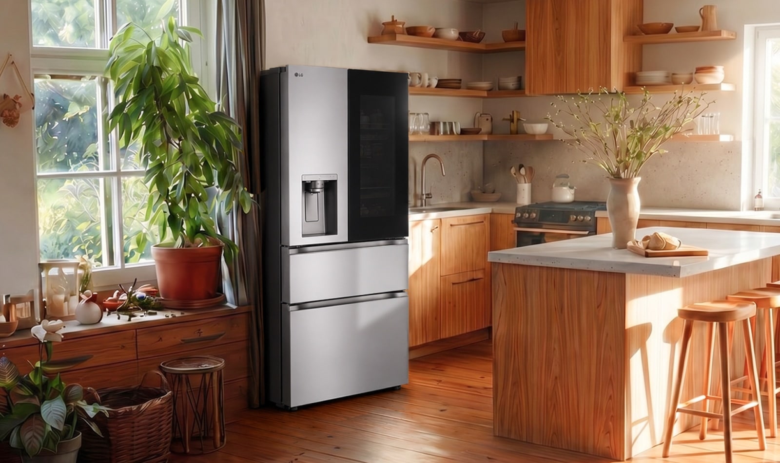 A sleek black LG refrigerator installed in a warm, modern kitchen with wooden cabinetry and natural sunlight.