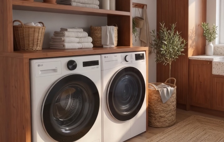 A white LG front-load washing machine and a matching LG dryer installed side-by-side in a wooden laundry room.