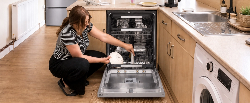 A woman crouches down in the kitchen to place a white dish into an open LG dishwasher.