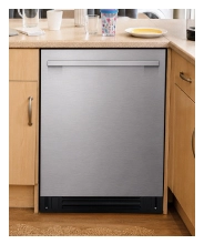 A stainless steel LG dishwasher installed under a kitchen counter.