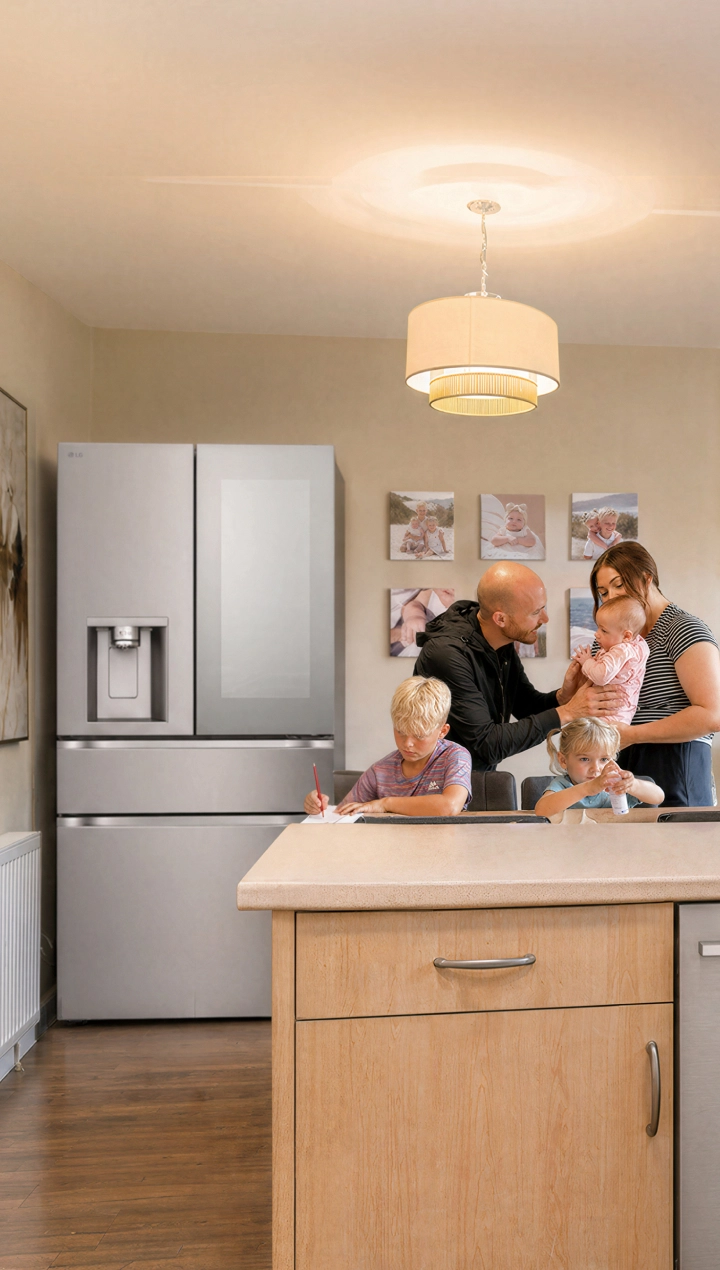 A family with three children gathers in a warm, modern kitchen, with the parents caring for the children around a large kitchen island. A refrigerator, dishwasher, oven, and kitchen cabinets are visible in the background.