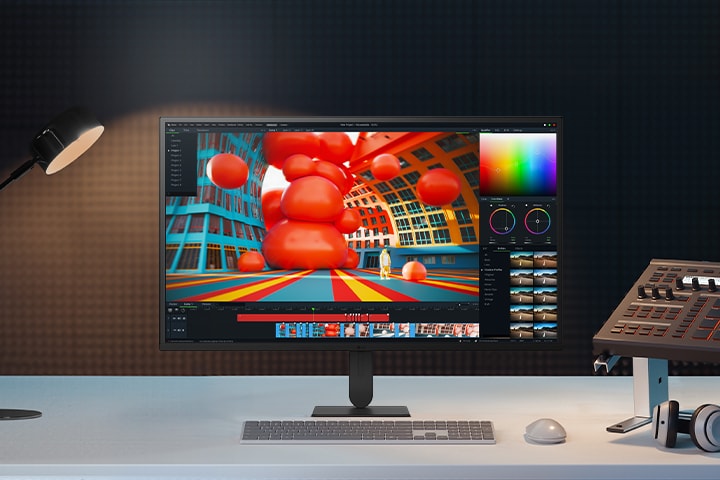 A clean studio workspace featuring the LG UltraFine 32U700B monitor displaying vibrant 3D motion graphics, flanked by a desk lamp and professional audio/video editing equipment.