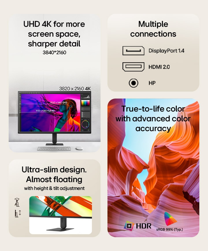 LG UHD 4K monitor feature highlights present a display resolution of 3840x2160, multiple connection options, and adjustable height and tilt settings.