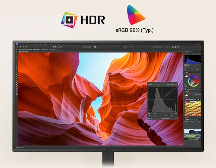 LG UHD 4K monitor feature highlights include HDR support and 99% sRGB color accuracy, showcasing vibrant colors for enhanced visual quality.