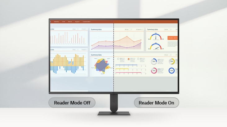 LG UltraFine monitor showing a side-by-side comparison of Reader Mode Off and On, with the right half displaying warmer tones and reduced blue light for comfortable viewing.