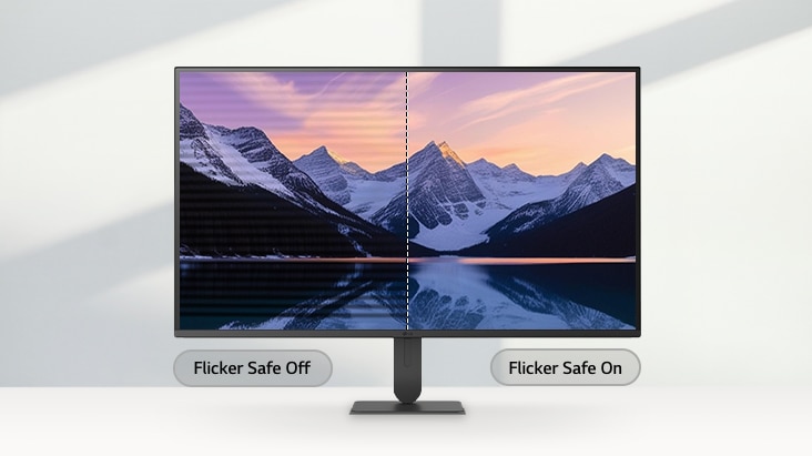 LG UltraFine monitor displaying a split-screen comparison of a mountain landscape, with the left side showing screen flicker and the right side showing a clear, flicker-free image
