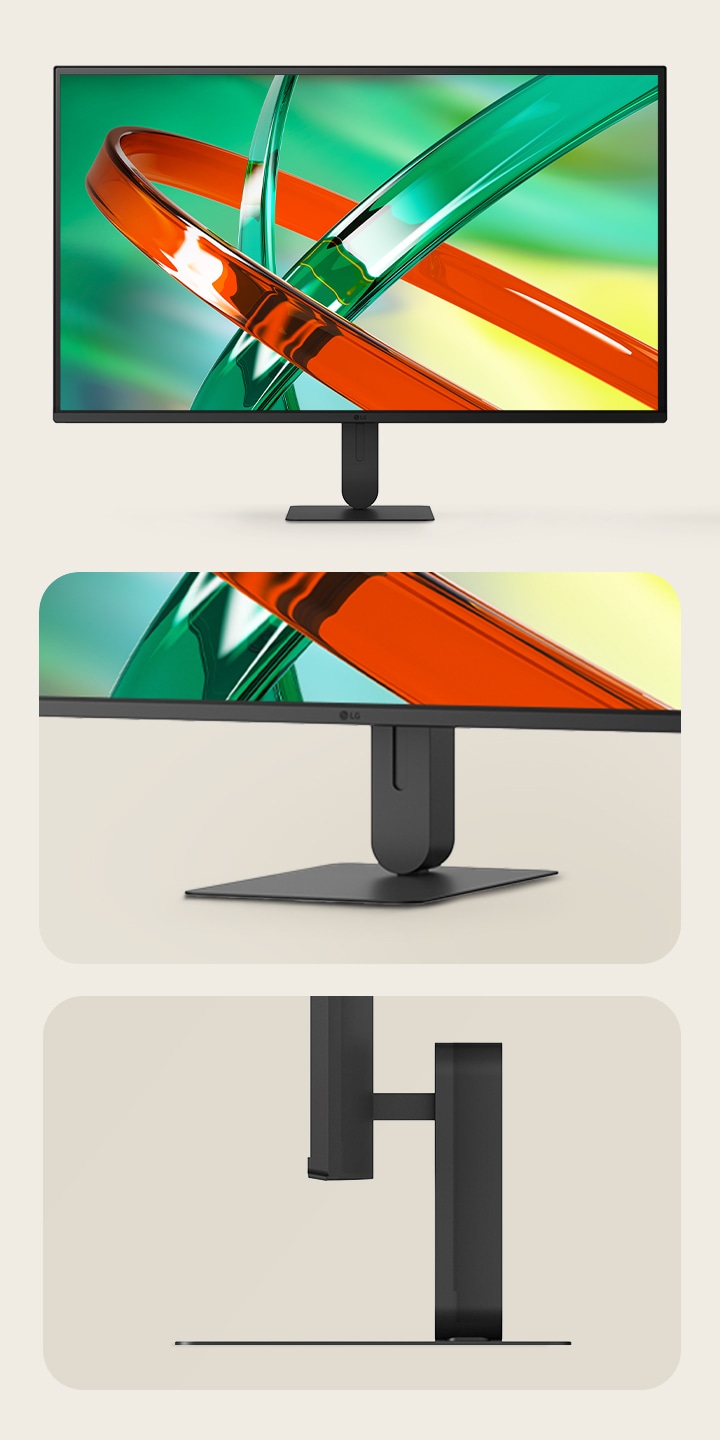 LG monitor feature highlights display the monitor from front and side views, illustrating adjustable height and a minimalistic design suited for modern workspaces.