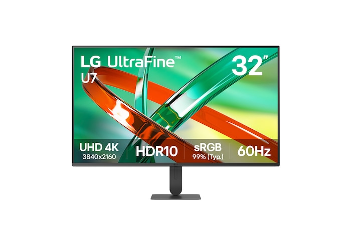 Front view of LG UltraFine 32U700B monitor displaying vibrant abstract graphics, highlighting key features: IPS panel, UHD 4K resolution, and HDR10, sRGB 99%(Typ.) support.