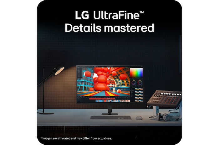 LG UltraFine monitor on a desk setup highlighting detailed visuals and workspace integration