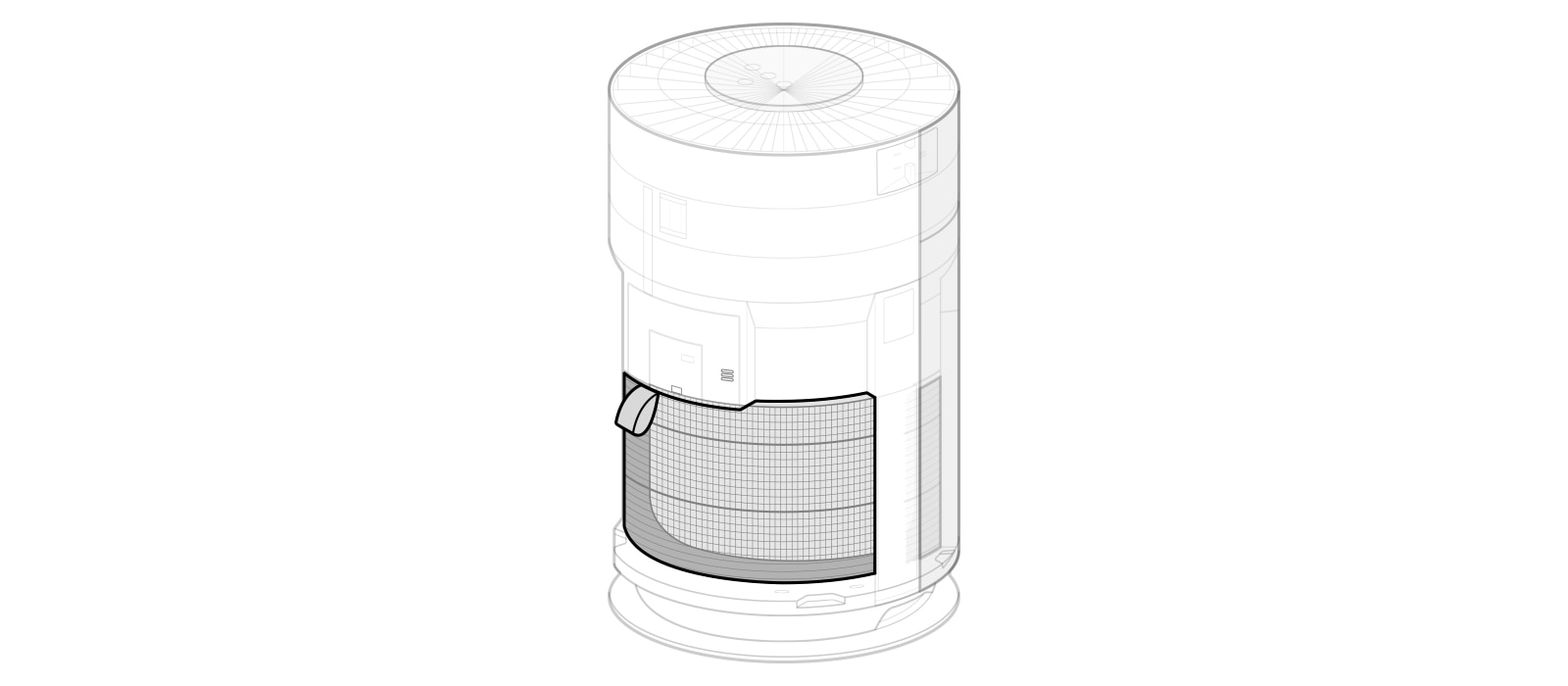  Install the filter in the product. - Make sure that the side with the filter handle is facing up.