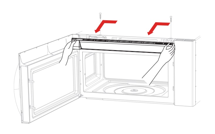 Unplug microwave oven or disconnect power Open the door and remove the two vent grille mounting screws 2 middle screws