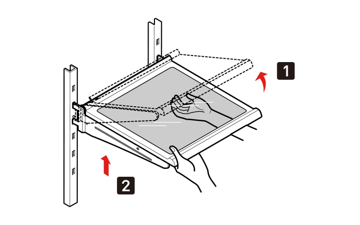 Tilt up the front of the shelf in the direction of 1 and lift it in the direction of 2 Pull the shelf out