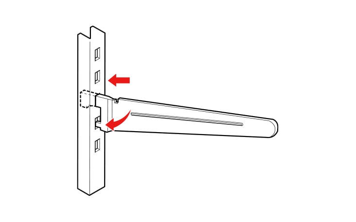 Tilt the front of the shelf up and guide the shelf hooks into the slots at a desired height Then lower the front of the shelf so that the hooks drop into the slots