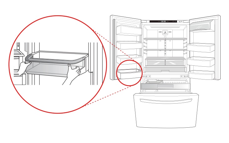 There is a basket at the bottom left of the refrigerator