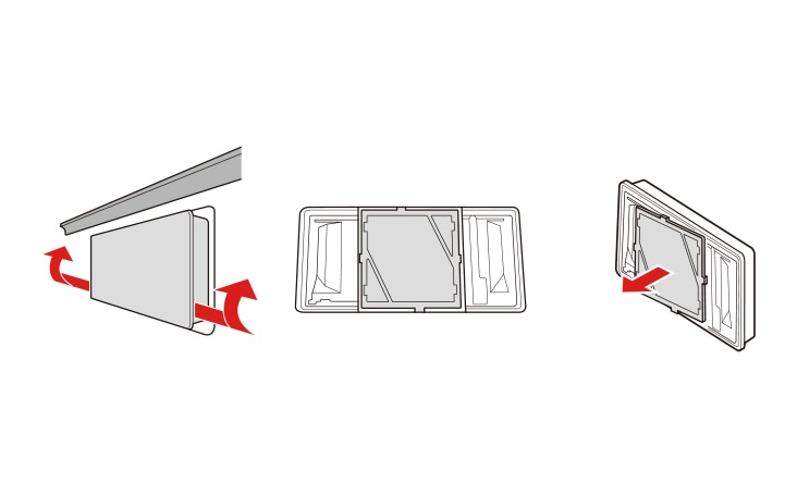 Grab and hold lower right and left side of cover and tilt upward The air filter is on the inside of the cover Press outward on the sides of the central cover compartment to release the tabs of the air filter Remove the air filter