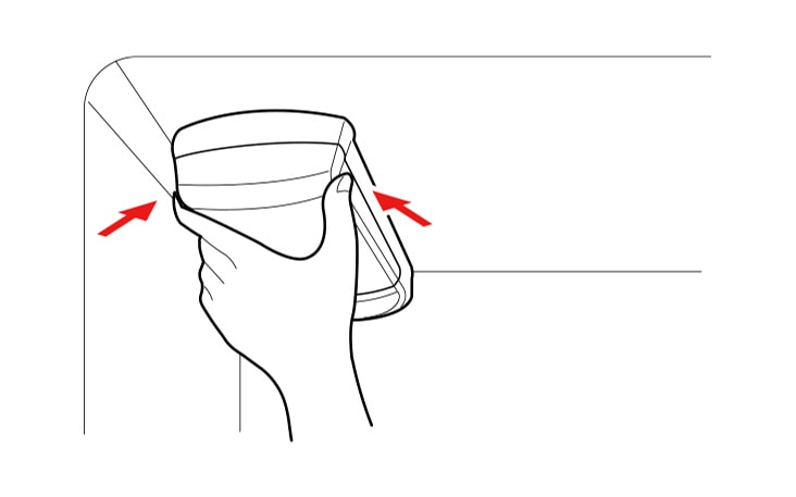 Pinch the sides to open the water filter cover. - If the top shelf, located below the water filter, is in the highest position, it will need to be removed prior to replacing the water filter. To remove any shelf, tilt up the front of the shelf and lift it. Pull the shelf out.