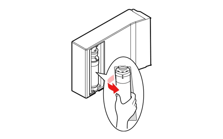Replace with a new water filter. Insert the new filter into the filter head and rotate it clockwise until the arrow on the new filter lines up with the arrow on the filter head. Swing the filter back into the compartment.