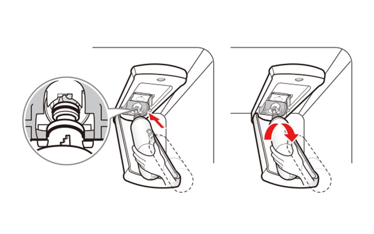 Take the new water filter out of its packing and remove the protective cover from the orings. With the water filter tabs in the horizontal position, push the new water filter into the manifold hole and turn it clockwise until it stops.