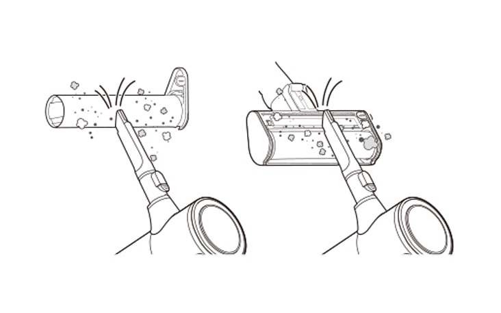 Attach the crevice tool to the product body and use the vacuum to remove foreign objects and dust from the brush and the bottom of the nozzle