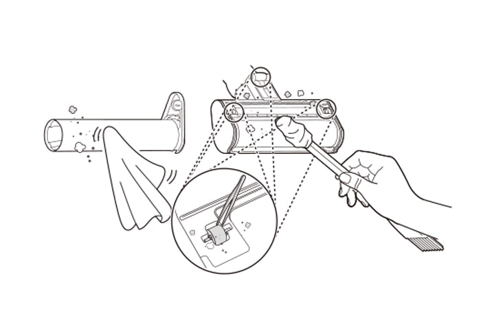 Use a damp towel or cloth to remove any remaining foreign objects and dust from the brush and the bottom of the nozzle Remove foreign objects debris and hair from all Rollers of the nozzles using tweezers Wrap the handle of the cleaning brush with a wet towel or cloth and use it to clean the rotating brush and nozzle