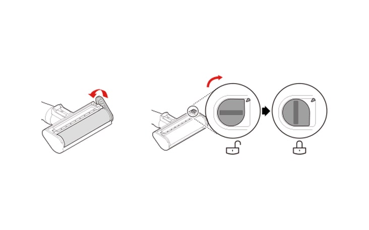 Slide the brush back into the nozzle and rotate the cover back into place Turn the cover lock clockwise to lock the cover