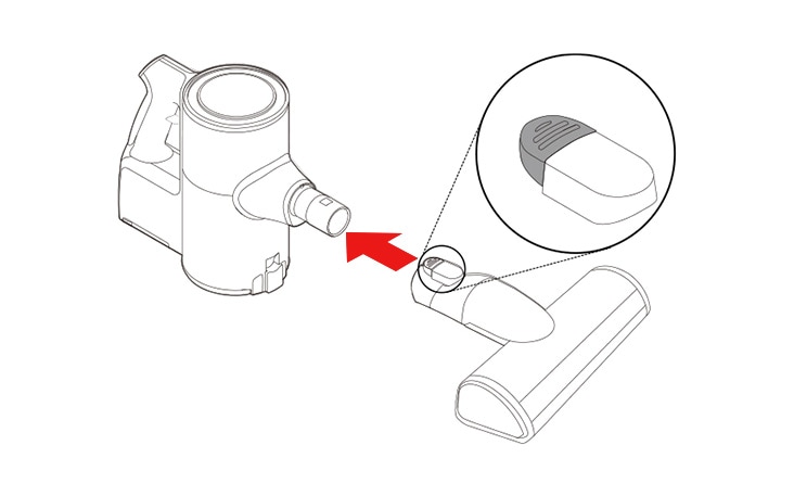 Press the nozzle release button to remove the nozzle from the extension pipe or product body Attach the nozzles tools or extension pipe by sliding them onto the inlet on the body until they click into place The nozzles and tools can also be attached to the end of the extension pipe