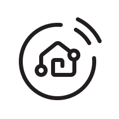 An icon with radio-wave signals containing a house symbol that resembles the LG ThinQ design.