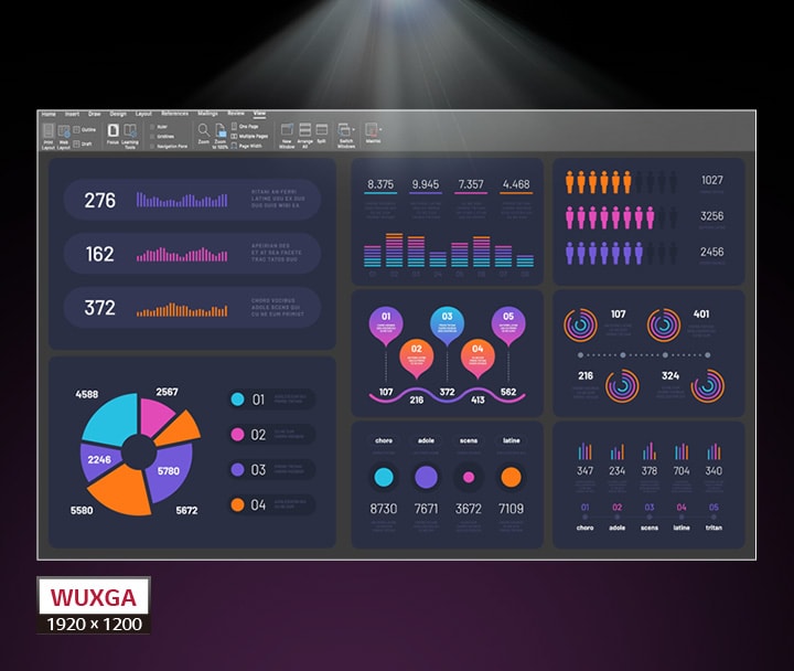 Up to 300-inch screen size and WUXGA (1920x1200) resolution.