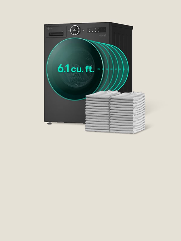 LG washing machine comparison with 8kg and 12kg drum graphics beside stacked shirts illustrates how washing capacity affects load size.