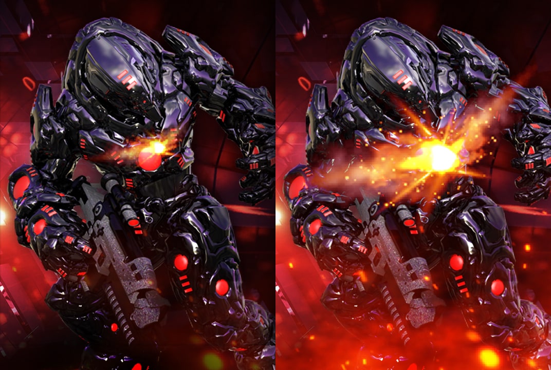 LG gaming monitor comparing gameplay before and after Dynamic Action Sync illustrates reduced input lag.