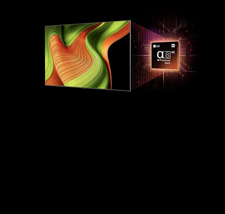 On the screen of an LG OLED AI TV is an abstract image with impressive detail, colour, and contrast. Behind the TV, a magnified version of the alpha 8 AI Processor Gen2 glows, illuminating the surrounding microchip circuits. The title reads LG OLED AI, with visible text that says powered by LG alpha 8 AI Processor Gen2.