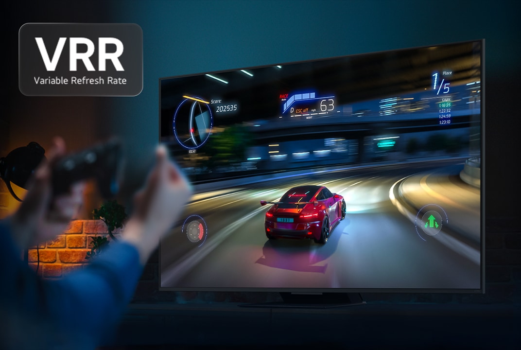 LG TV racing scene with VRR text illustrates variable refresh rate for smoother gameplay and reduced tearing.