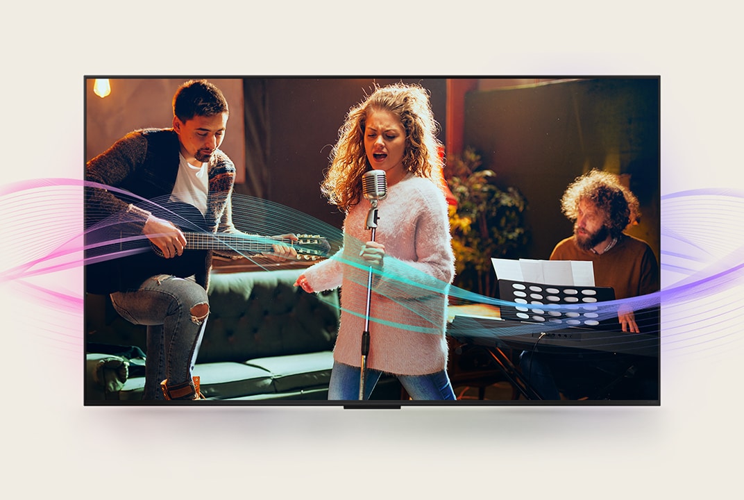 An image shows a man playing guitar, a woman singing into a microphone, and another man playing the piano. Soundwaves emanate from them, illustrating sound emission and how sound quality is enhanced with AI Clear Sound.