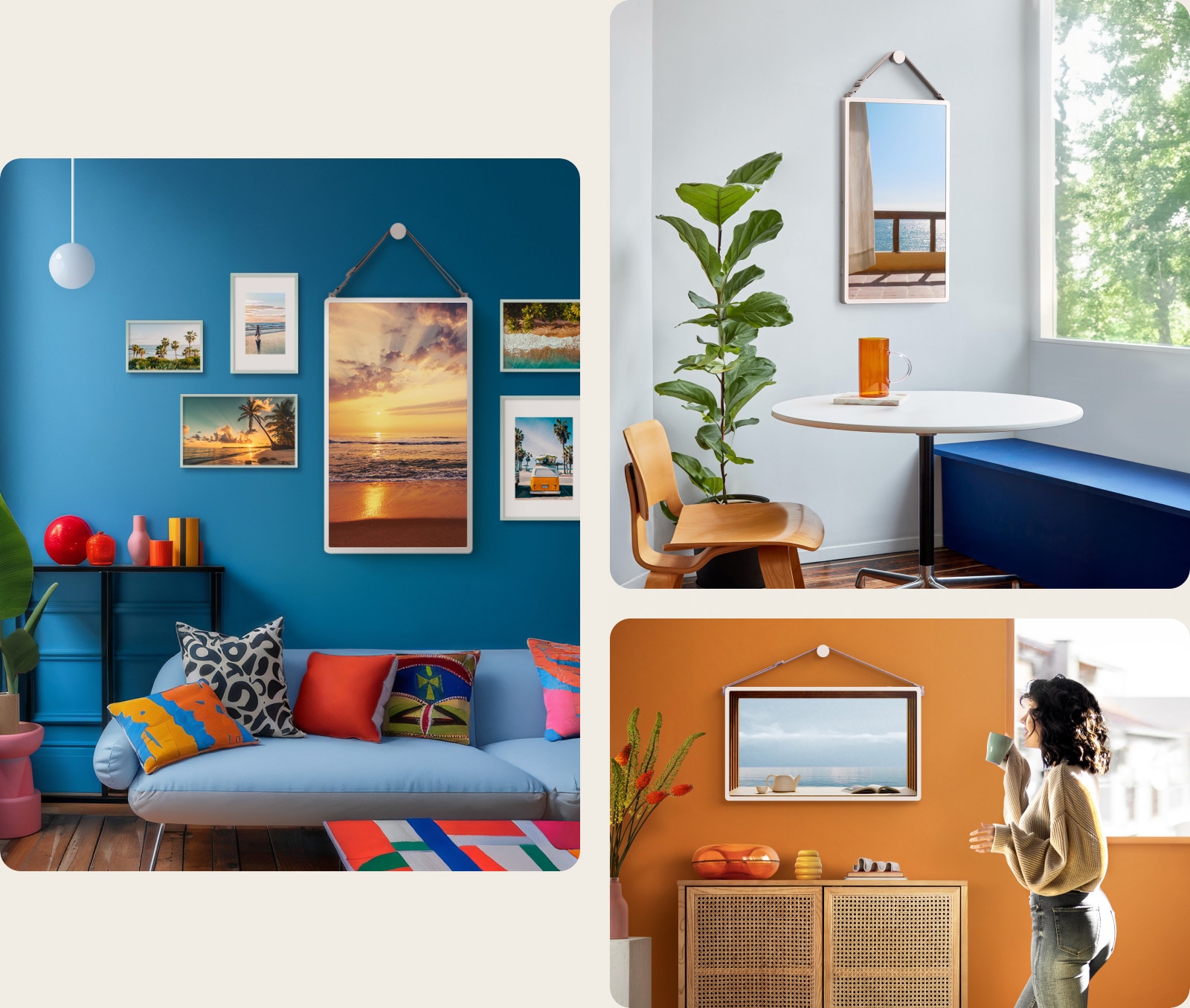 Different living spaces with LG StanbyME 2 screens on the wall. Landscape photos are displayed on the screens.