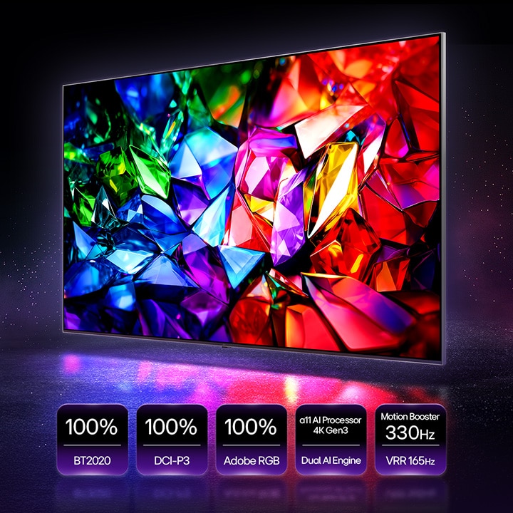 LG Micro RGB TV screen showcasing Micro RGB technology with Micro Dimming Ultra, filled with vivid jewel-like colors that emphasize high peak brightness, deep contrast, and precise color control on a dark background.